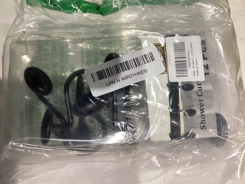 Condition photo showing Good Condition for Shower Curtain Hooks, Set of 12, Black, Zinc, Rust Resistant, Decorative, Matte Black, Regular Size, Suitable for Standard Straight or Curved Shower Curtain Poles