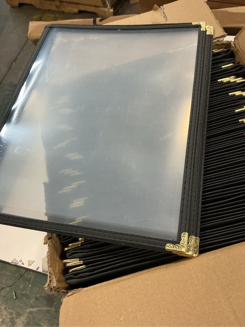 Condition photo showing Good Condition for Restaurant Menu Covers 8.5" x 11" - 25 Pack Black Menu Holders, 3-Page/6-View, Side-Loading Vinyl, Clear Sleeves, Double-Stitched Edge, Waterproof, with Metal Corners for Restaurants, Cafes & Diners 3 page / 6 view - 8.5" x 11" Black