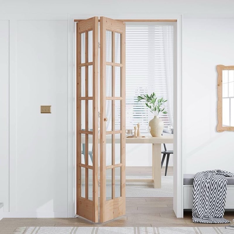 EaseLife Bifold Closet Door,for 48in x 80in (Double 24x80) Opening,French Glass Barn Doors with 4FT Concealed Bi-Fold Sliding Hardware Kit Included,Preassembled Door,Easy Install,DIY staining