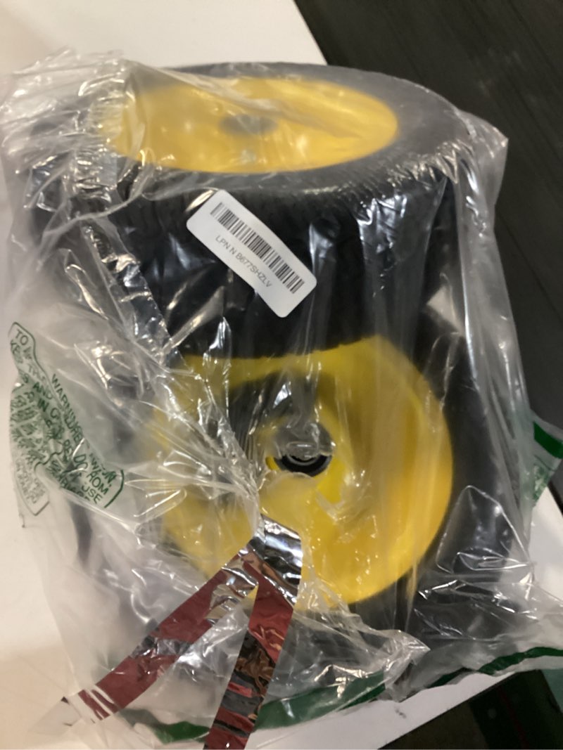 Condition photo showing New/Like New for 11x4.00-5 lawn mower tires flat free, 11x4-5 tires and wheel, zero turn front tires, with 3/4" & 5/8" & 1/2" bearings, 3.4"-5.9" centered hub, 11x4.00-5 solid tire, 2 pcs yellow
