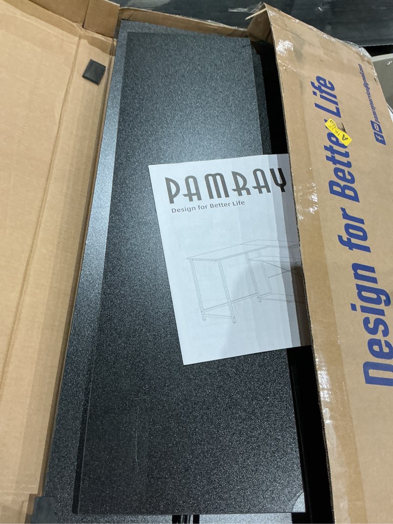 Condition photo showing As Is for pamray 43 inch l shaped computer desk with reversible side storage shelves, small corner desk for small space home office,writing study table gaming pc desk for bedroom,black black 43 inch