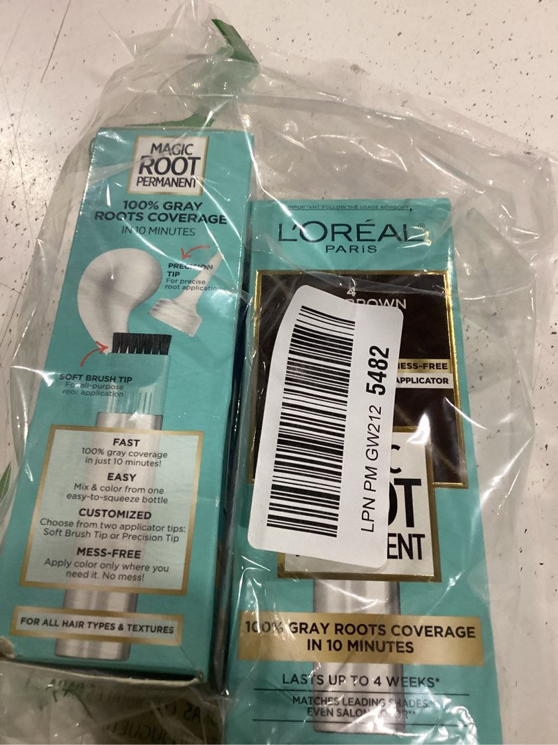 Condition photo showing New/Like New for l'oreal paris magic root permanent hair color kit, 100% gray hair coverage in just 10 minutes, precision brush applicator for seamless application, 4 dark brown (2 count) 4 dark brown 1 count (pack of 2)