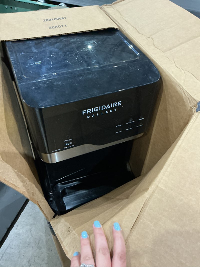 Condition photo showing As Is for 3-in-1 bottom load hot/cold water cooler with built-in bullet ice maker in black