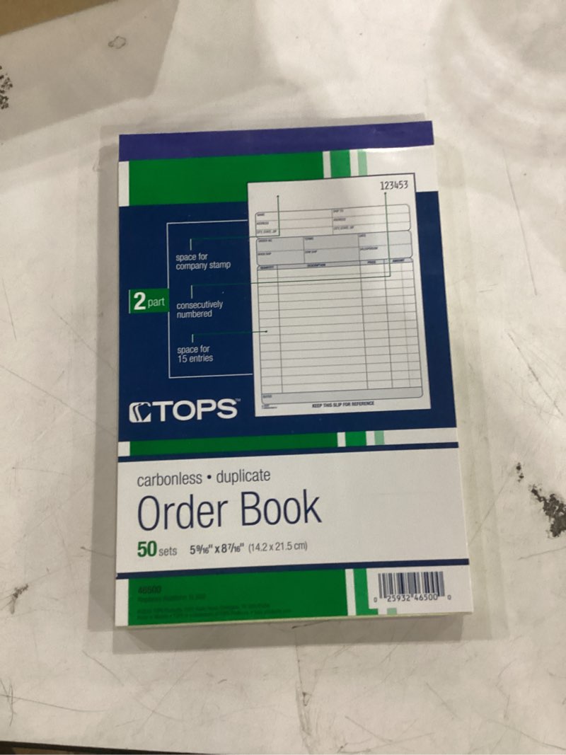 Condition photo showing Good Condition for tops sales order book, 5-9/16 x 8-7/16, two-part carbonless, 50 sets/book