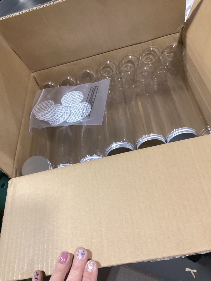 Condition photo showing New/Like New for 20 pcs plastic jars with lids 20 oz plastic food storage jar spaghetti containers cylinder containers with screw on lids for dry goods, spice, noodles, spices and more(silver)