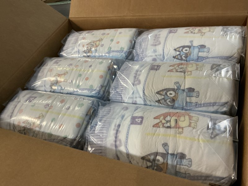Condition photo showing New/Like New for luvs size 4 baby diapers, platinum protection bluey diapers for day & night, size 4, 198 count (packaging may vary) size 4 198