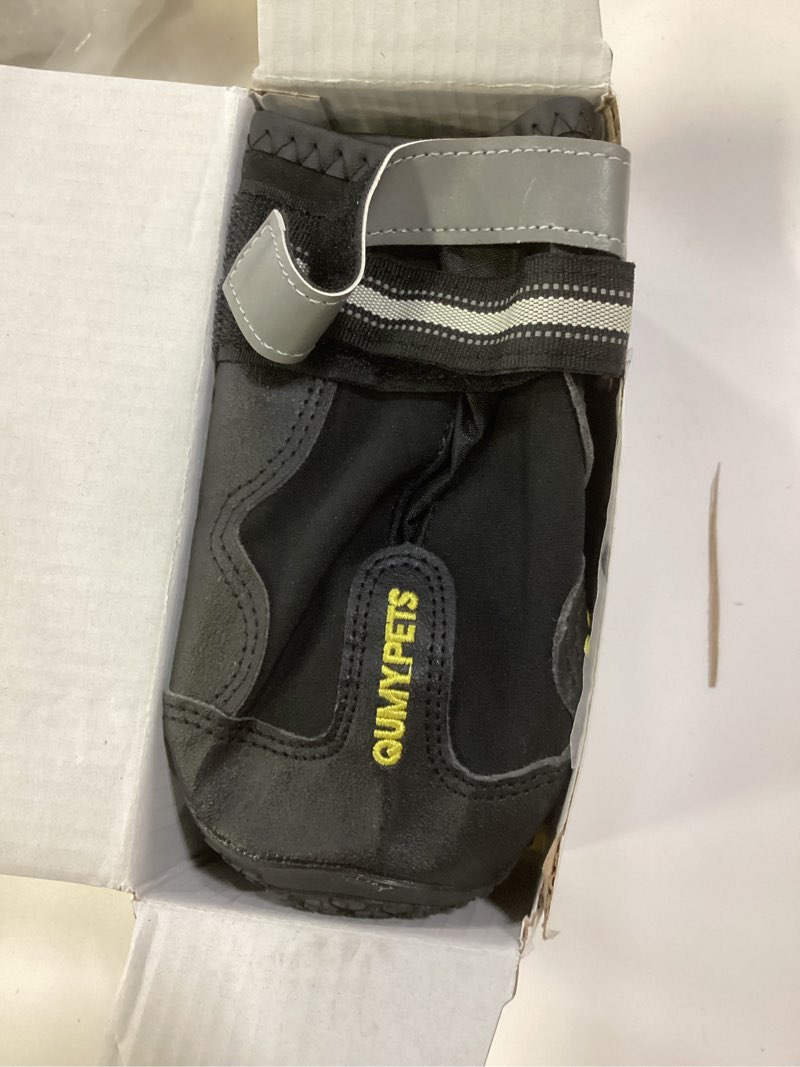 Condition photo showing Good Condition for QUMY Dog Shoes for Large Dogs, Medium Dog Boots & Paw Protectors for Winter Snowy Day, Summer Hot Pavement, Water-Resistant in Rainy Weather, Outdoor Walking, Indoor Hardfloors Skid-Resistant Sole Black Size 8: 3.0''x3.3"(W*L) (Pack of 4)