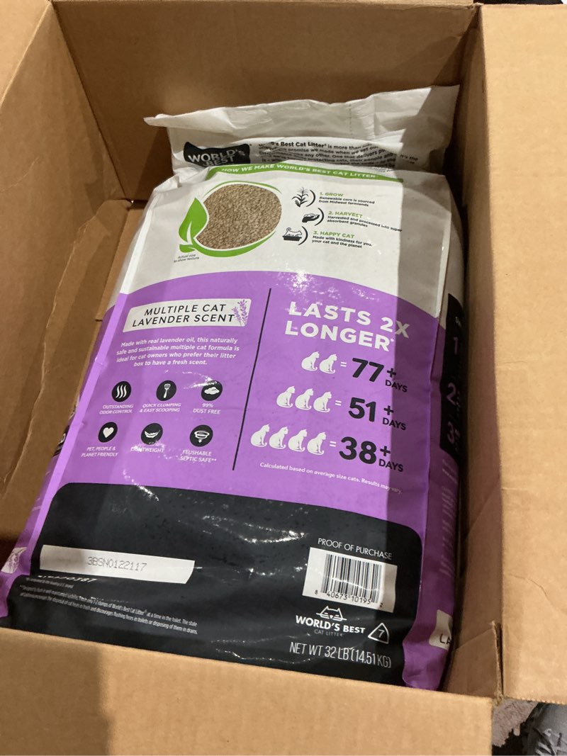 Condition photo showing New/Like New for world's best cat litter multiple cat lavender scented 32-pounds - natural ingredients, quick clumping, flushable, 99% dust free & made in usa - calming fragrance & long-lasting odor control