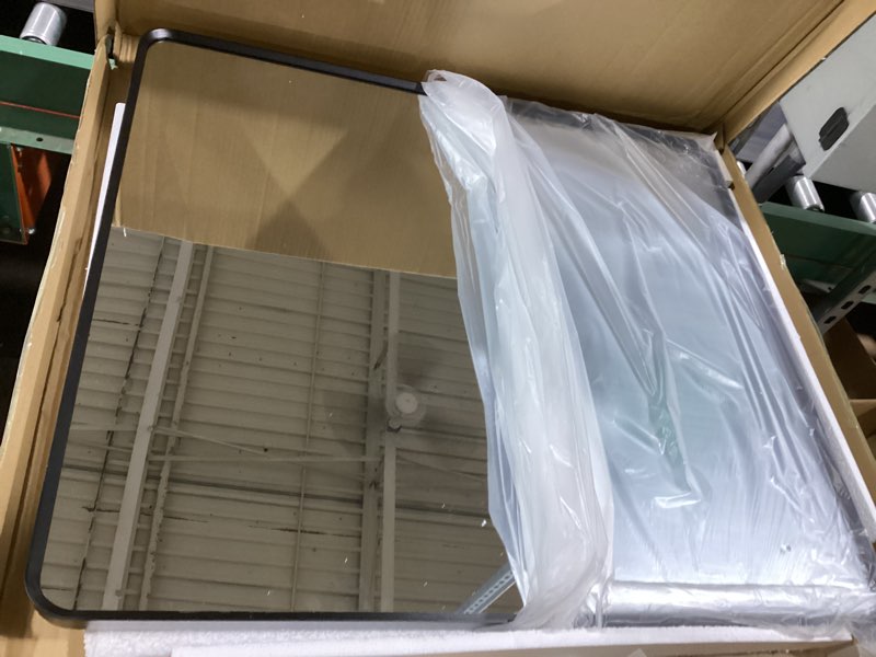Condition photo showing Good Condition for okpal 28x32 inch black bathroom mirror, bathroom vanity mirror for wall, black rectangle mirror, round corner, rustproof, hd glass(horizontal/vertical) matte black 28"l x 32"w