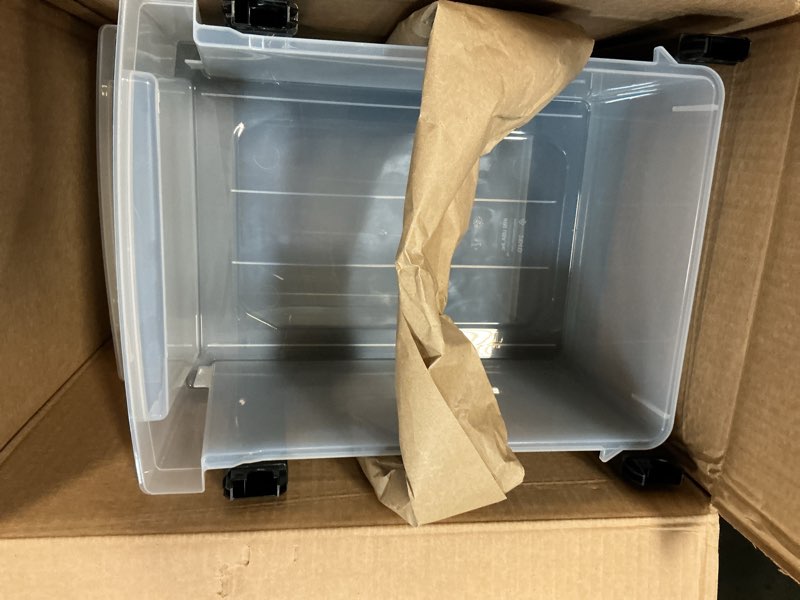 Condition photo showing As Is for IRIS USA Plastic Drawer Storage Organizer Rolling Cart, with Wheels Casters, 3-Drawers, for Classroom Art Craft Supplies Dresser Closet Bathroom Laundry Room, Black/ Pearl 3 Drawer