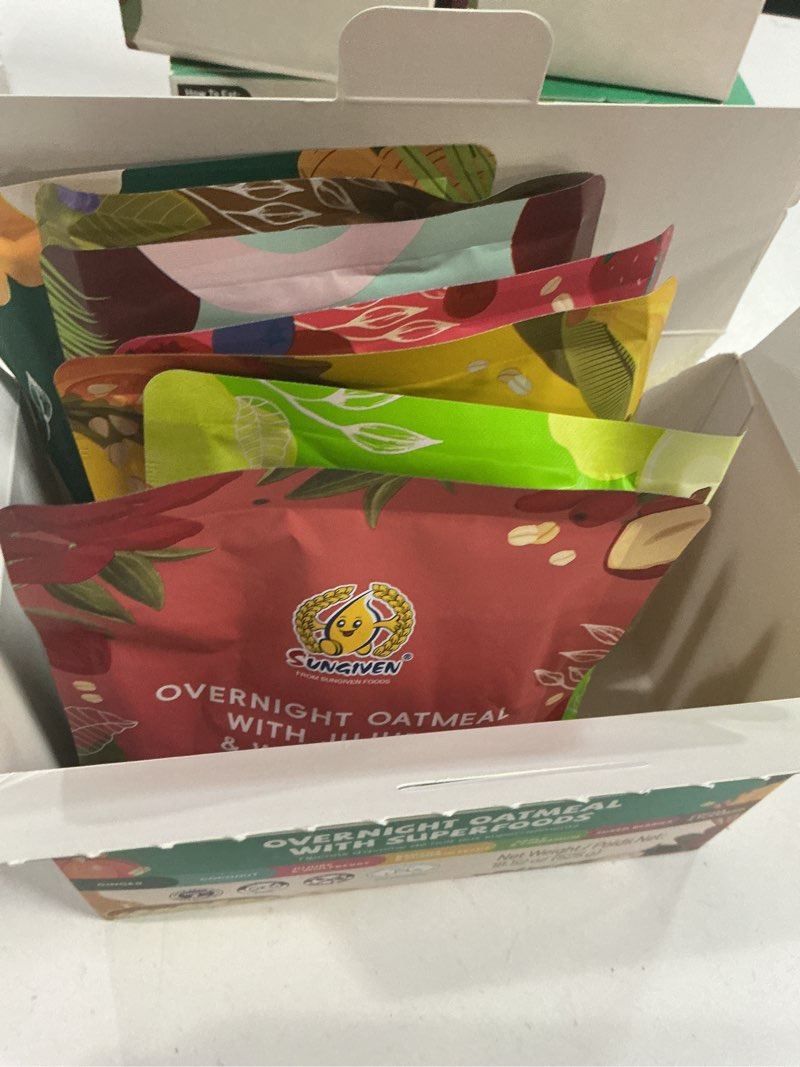 Condition photo showing New/Like New for ((Jun/18/2026))SUNGIVEN High Protein Overnight Oats Variety Pack - 7 Flavors Low Sugar High Fiber Instant Oatmeal Health Breakfast Snacks for Gym Office School Trip Kids with Superfoods, 7-Packs, 18.5oz 7 Flavors Variety 2.65 Ounce (Pack of 7)
