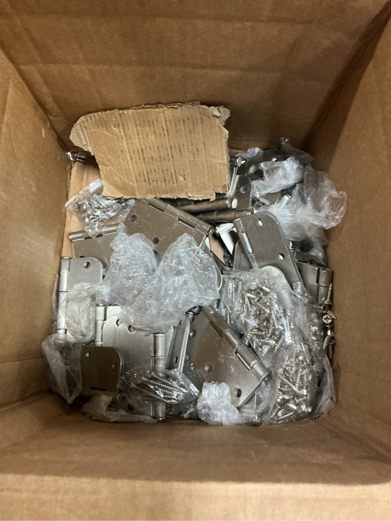 Condition photo showing As Is for ticonn 48-pack 3.5 inch door hinges with 5/8" radius corner, 3-1/2 x 3-1/2 inch iron bifold residential doors hardware (5/8" radius corner, satin nickel, 48 pack) 48 pack 5/8" radius satin nickel
