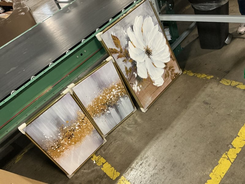 Condition photo showing Good Condition for flower wall art for bedroom 3 piece black frame white and grey floral artwork office bedroom decor 24x64inch