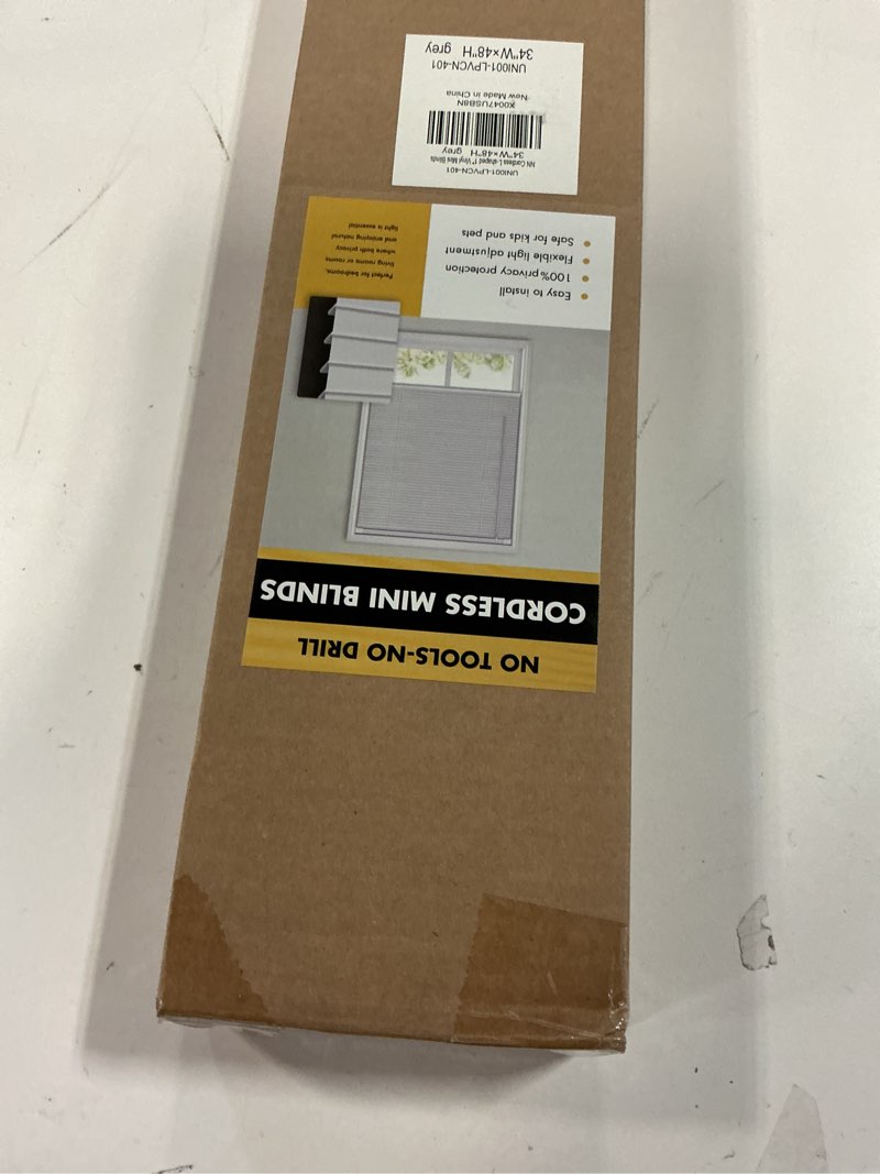 Condition photo showing Good Condition for No Drill Blinds for Windows 1" Vinyl L-Shaped Slats Cordless Mini Blinds for Home, 34" W × 48" H Grey Grey 34" W × 48" H