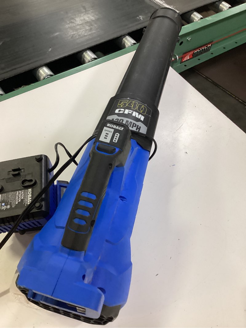 Condition photo showing As Is for leaf blower cordless, electric leaf blower with 2 batteries and charger, 2 speed modes, extension tube, 20v powerful lightweight blowers for lawn care, blowing leaves, patio, blue