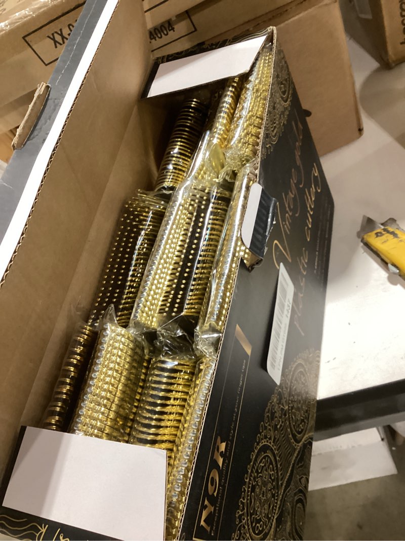 Condition photo showing New/Like New for n9r 300pcs gold plastic silverware dinnerware flatware- heavyweight plastic cutlery set, 100 forks, 100 spoons, 100 knives, gold utensils for party, thanksgiving, christmas gold 300pcs