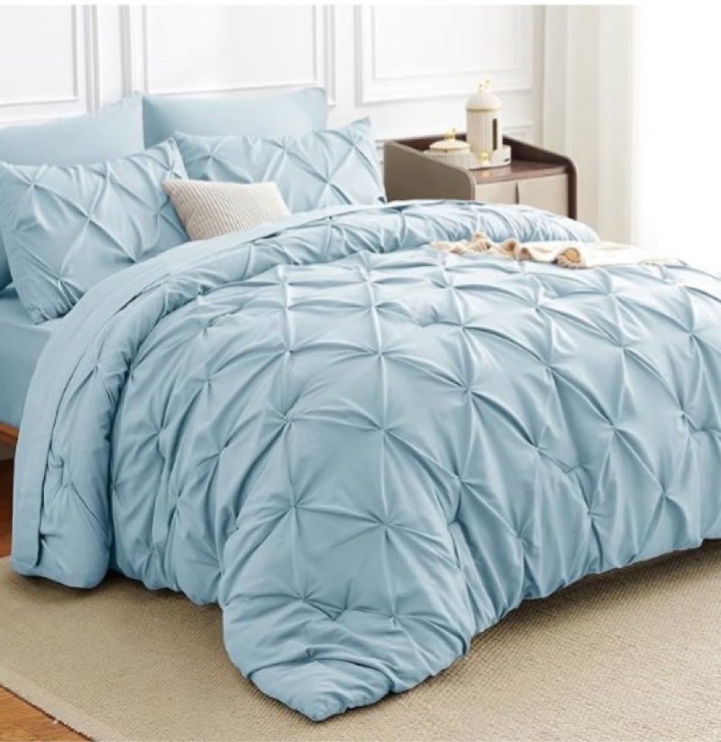 HIMEET Full Comforter Set Light Blue, 7 Pieces Pintuck Bed in A Bag Queen Size Bedding, Soft Bed Set All Season Pinch Pleat Comforter Set with Sheets, Pillowcases & Shams