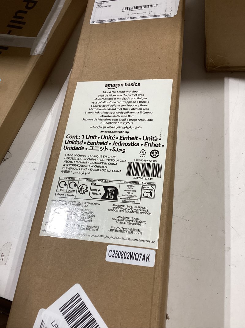 Condition photo showing New/Like New for Amazon Basics Adjustable Boom Arm Height Microphone Stand with Tripod Base, Up to 85.75 Inches - Black