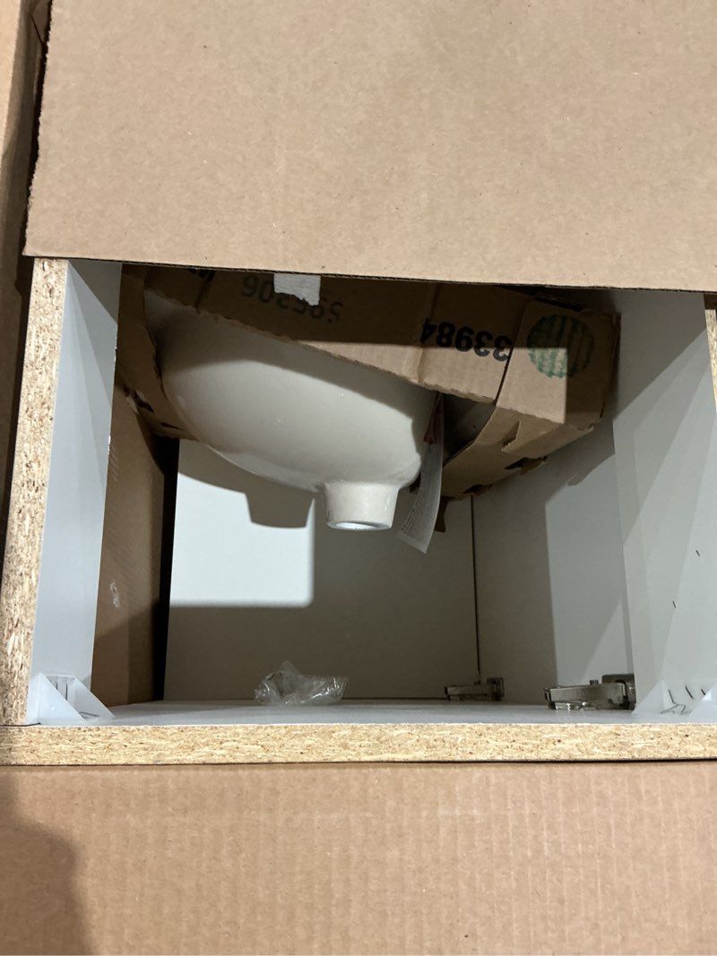 Condition photo showing As Is for project source 18-in gray single sink bathroom vanity with white cultured marble top