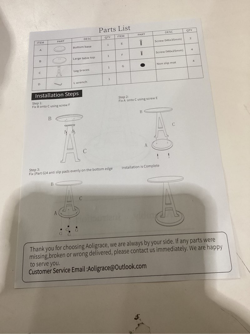 Condition photo showing New/Like New for Aoligrace round side table with letter a leg