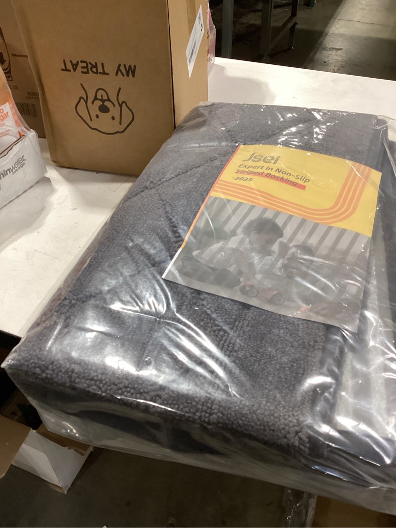 Condition photo showing New/Like New for JSEI Non-Slip Bathroom Rugs, Self Adhesive No Sliding Bath Rugs Set of 2, Machine Washable Absorbent Bath Mat Set for Tub Shower & Single Sink 20”x32”+20”x48”, Dark Grey, Diamond Pattern Dark Grey 20''x32''+20''x48''(Diamond Pattern)