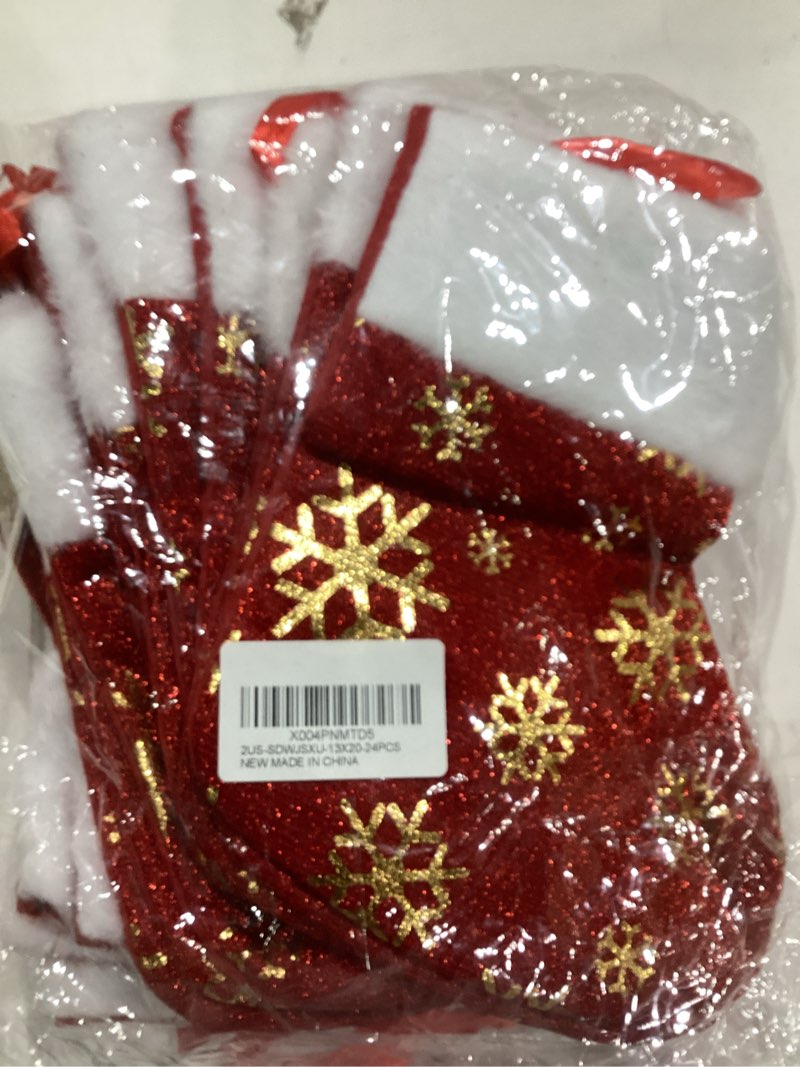 Condition photo showing Good Condition for MNKXL 24PCS Bulk Christmas Stockings,9" Red Velvet with White Plush Cuff Xmas Stocking,Felt Flannel Faux Fur Stockings with Golden Snowflakes,Thickened Christmas Stockings Bulk for Fireplace Mantel 9"-24pcs
