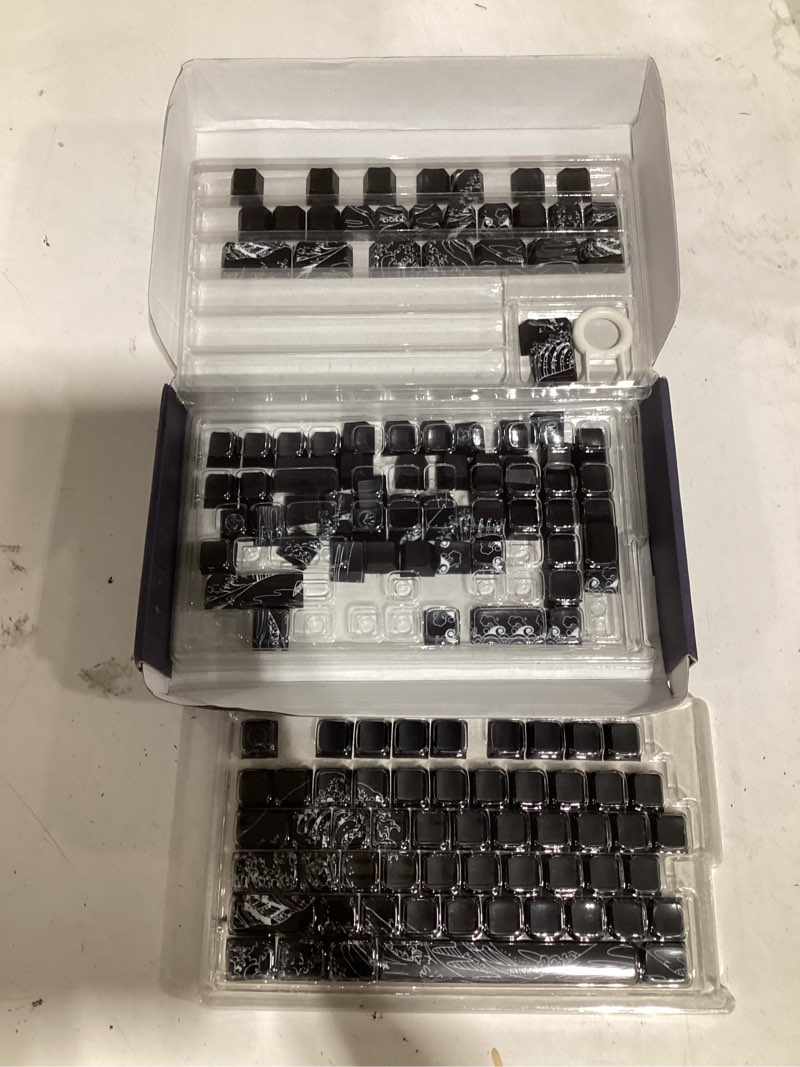 Condition photo showing As Is for sdyz xvx shine through keycaps - double shot pbt keycaps 60 65 75 100 percent, side print key caps custom 131 keys set, dye sub wave of kanagawa key caps for mechanical keyboards black