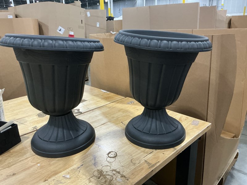 Condition photo showing As Is for pure garden 16x18-inch outdoor planter 2-pack - plastic urn planters, black