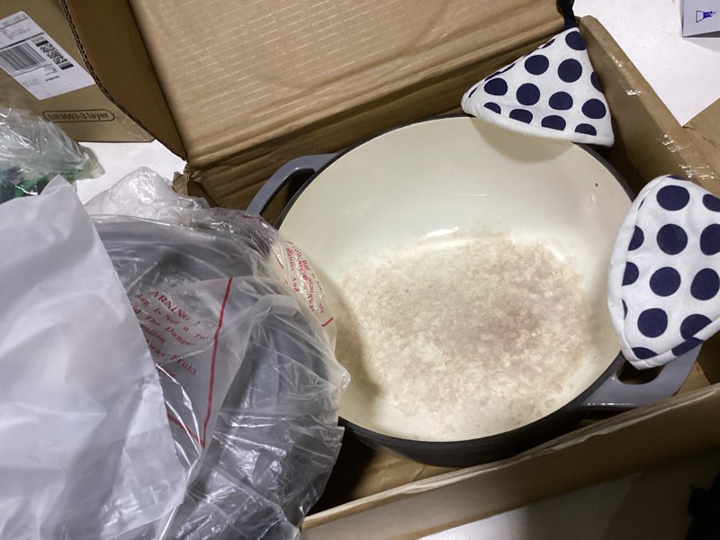 Condition photo showing As Is for enameled cast iron dutch oven - umite chef 6qt pot with lid & cotton potholders - dual handles -versatile heavy duty cookware for bread baking?braising, stews, roasting?grey?