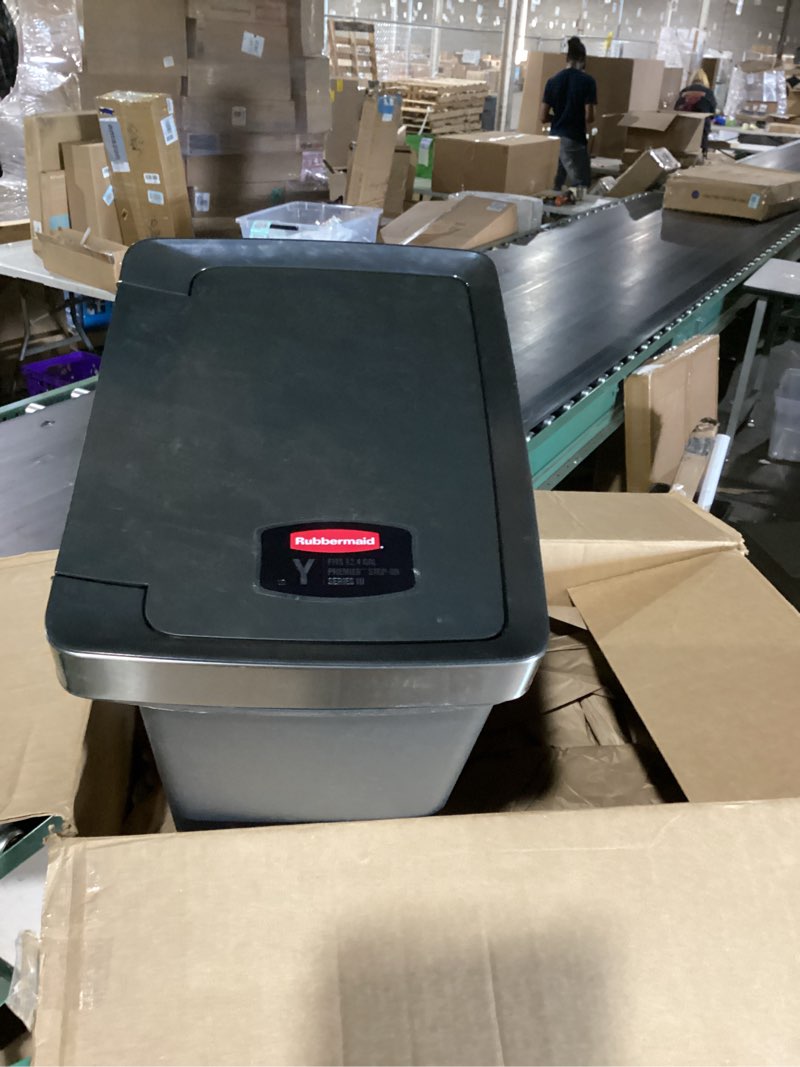 Condition photo showing New/Like New for rubbermaid kitchen indoor trash can, 12.4 gallon plastic step garbage can with stainless steel rim lid, charcoal