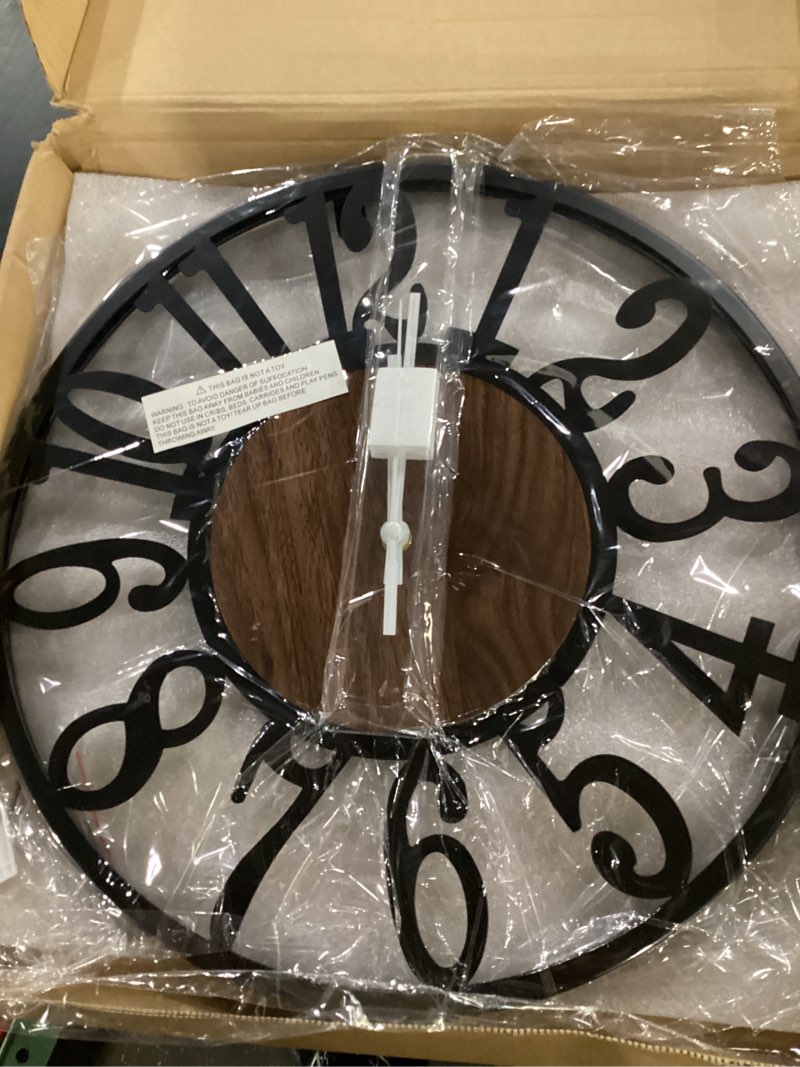Condition photo showing New/Like New for (not tested)maxstar round wall clock for living room decor battery operated non ticking black metal wood clocks for home living room garden office kitchen decoration -16 inch black-arabic numerals 16 inch