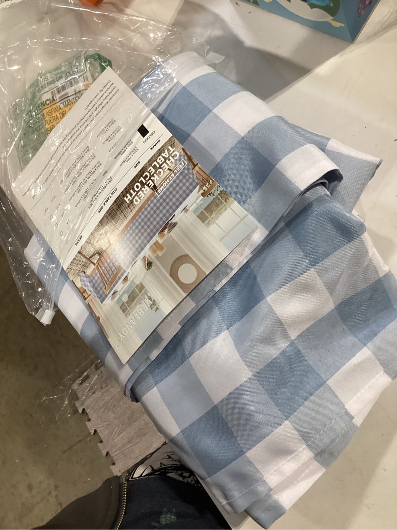 Condition photo showing Good Condition for veblandy checkered tablecloth rectangle waterproof gingham table cloth washable buffalo plaid table cover wrinkle free for kitchen, dining and outdoor picnic, 60 x 120 inch, light blue and white 120" x 60" (rectangular) light blue and white
