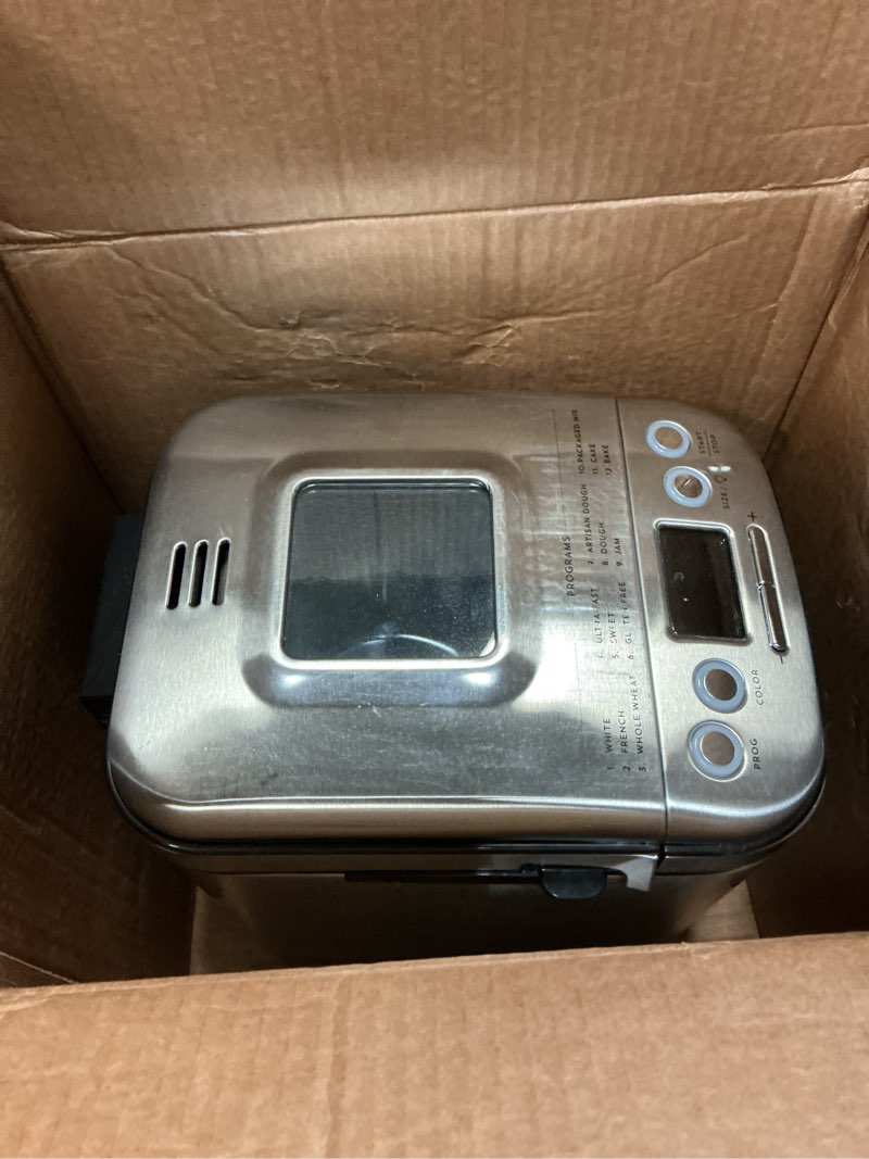 Condition photo showing As Is for Cuisinart Bread Maker Machine, Stainless Steel Automatic Bread Machine with 12 Menu Options, 3 Loaf Sizes up to 2 Lb., 3 Crust Colors, Removable Nonstick Baking Pan & Kneading Paddle, CBK-110NAS Compact Machine