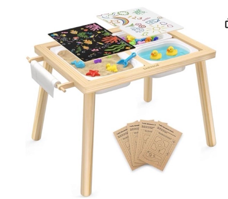 easyego sensory table for toddlers kids play wooden sand water table with double-sided board & foldable storage bins for indoor and outdoor use, birthday gifts for boys and girls-natural color