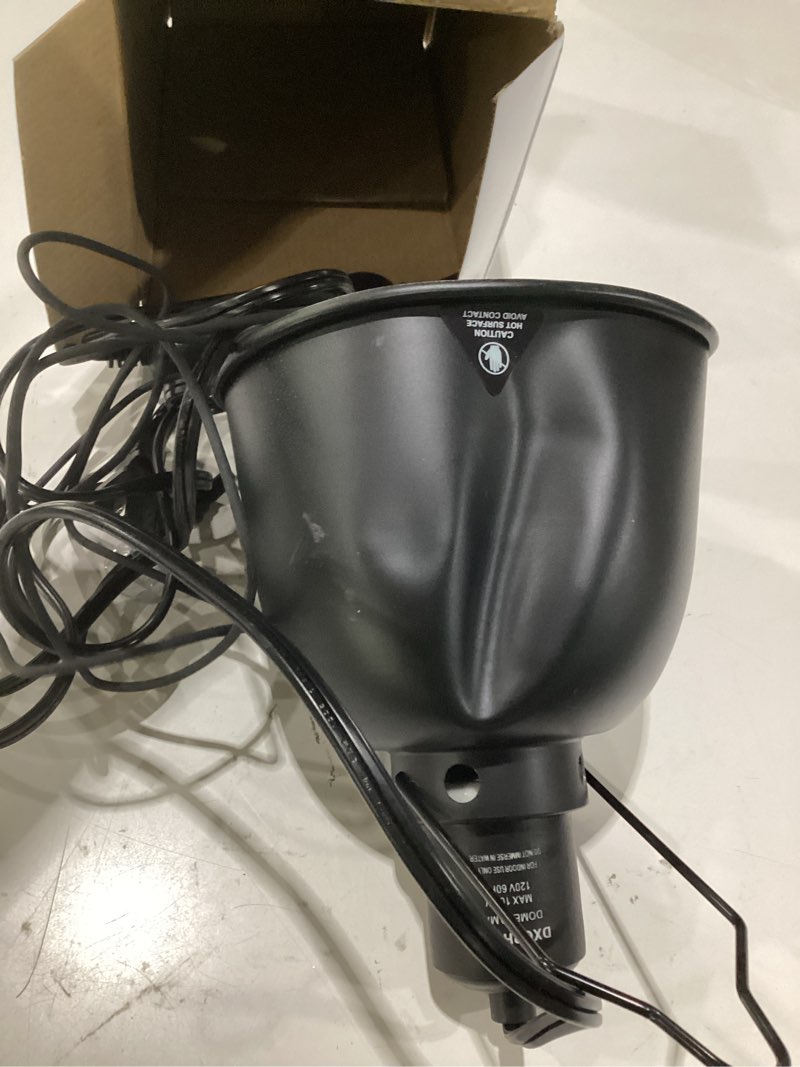 Condition photo showing As Is for dxophiex 5.5inch deep reptile light fixture reptile heat lamp with thermostat, max 100w fixture with 100w ceramic heat emitter for turtle, frog, gecko, snake, lizard, bearded dragon, dented