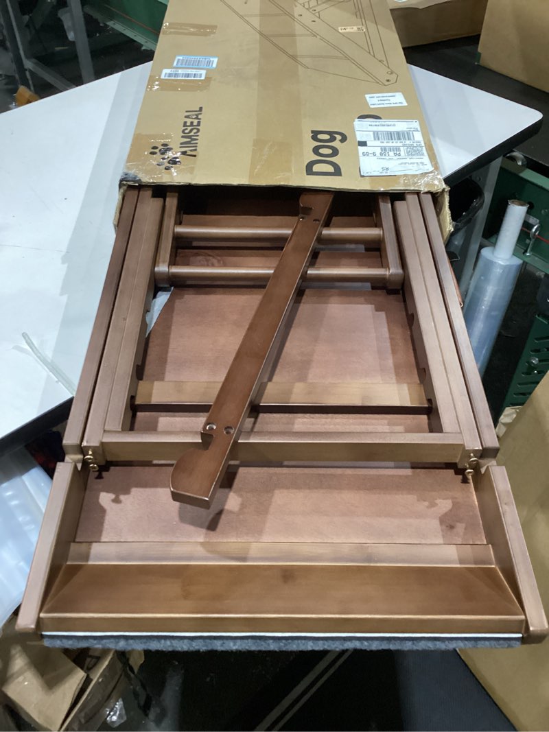 Condition photo showing New/Like New for dog ramp for bed, extra wide 17", non-slip rubber surface, adjustable folding pet ramps for small & large dogs up to 200lbs, walnut wood stairs for old dachshund/labrador to get on high couch or car black large