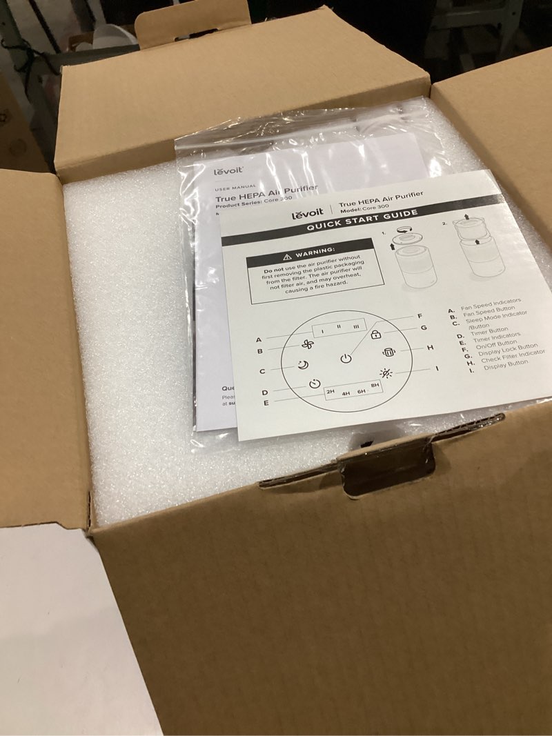 Condition photo showing New/Like New for levoit air purifier for home allergies pet hair in bedroom, covers up to 1073 ft² by 56w high torque motor, aham verifide, 3-in-1 filter with hepa sleep mode, remove dust smoke odor, core300-p, white