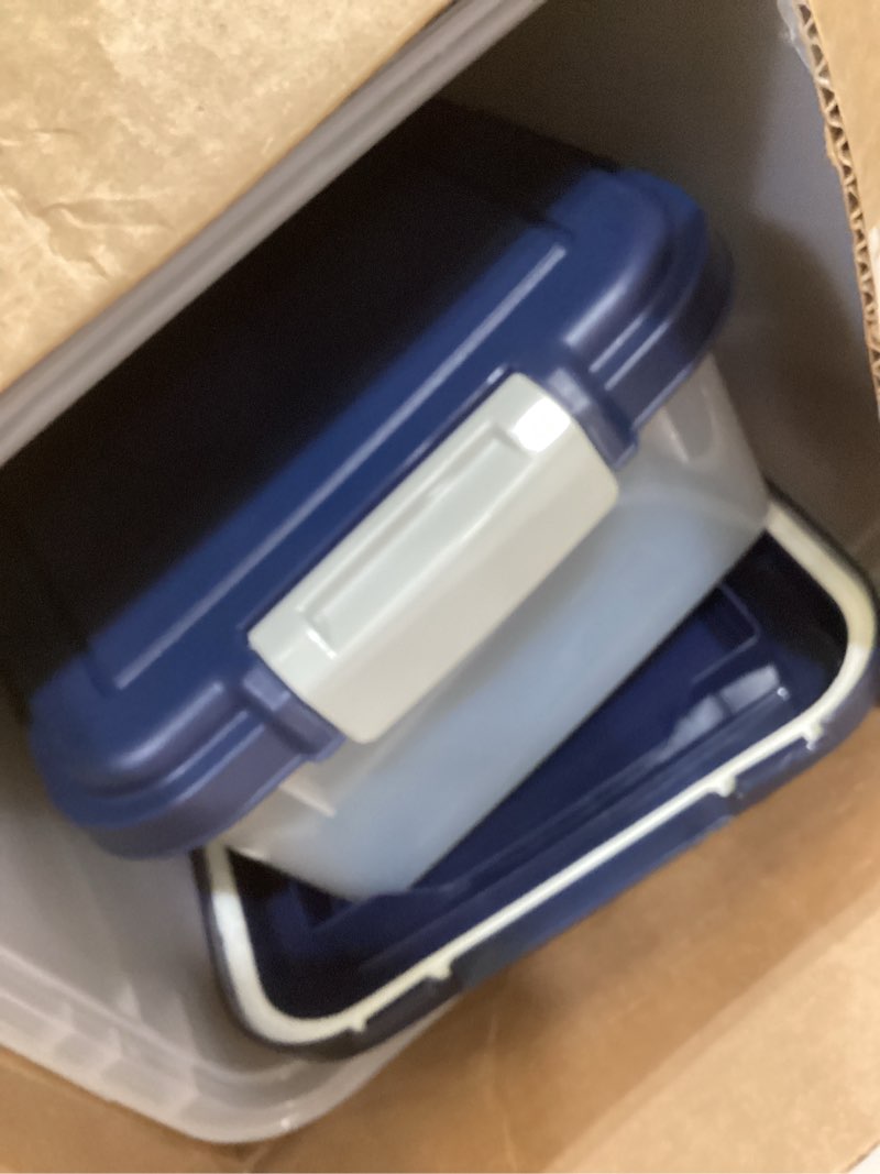 Condition photo showing As Is for iris usa 2-piece 41 lbs / 45 qt weatherpro airtight pet food storage container combo and treat box for dog cat and bird food, stackable, keep fresh, translucent body, easy mobility, navy 2-piece set - 41 lbs navy