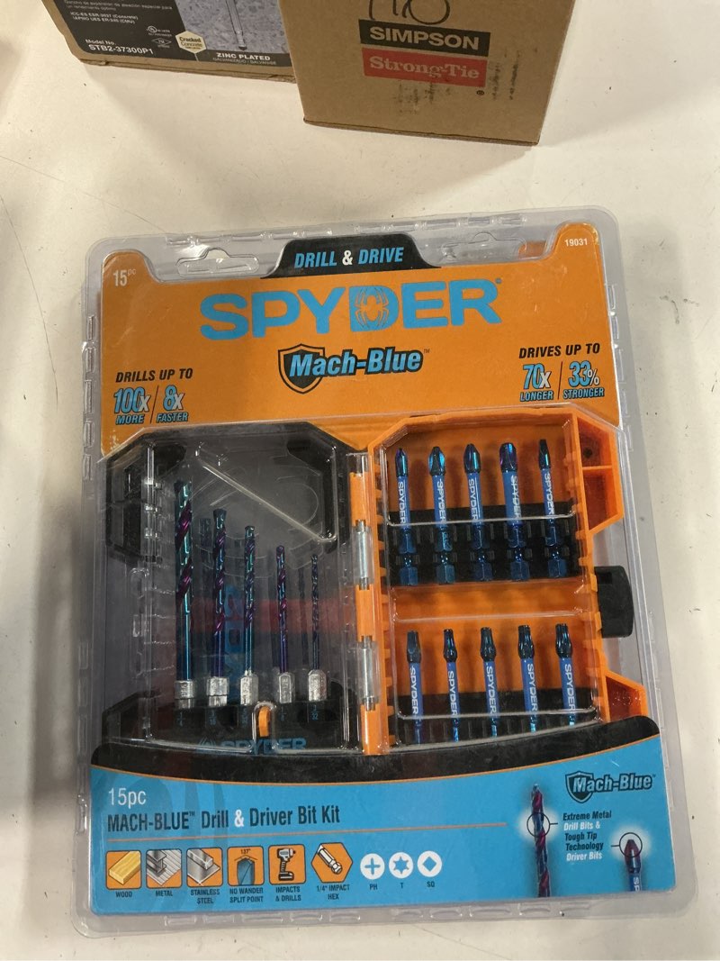 Condition photo showing New/Like New for spyder 15-piece drill bit and impact driver bit kit, mach-blue plating, impactive alloy tool steel torsion zones 15-piece set