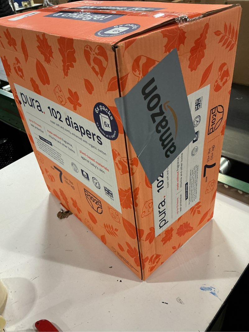 Condition photo showing New/Like New for Pura Size 7 Eco-Friendly Diapers (33+lbs) Hypoallergenic, TCF, Soft Organic Cotton, Sustainable, up to 12 Hours Leak Protection, Allergy UK, Recyclable Paper Packaging, 6 Packs of 17 (102 Diapers) Size 7 102