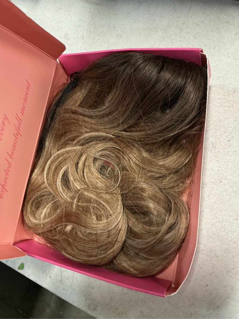 Condition photo showing Good Condition for hair topper 20" wavy hair toppers for women 6.5x6.5” base size hairtoppers for women with thinning hair wavy clip in brown blonde with dark root