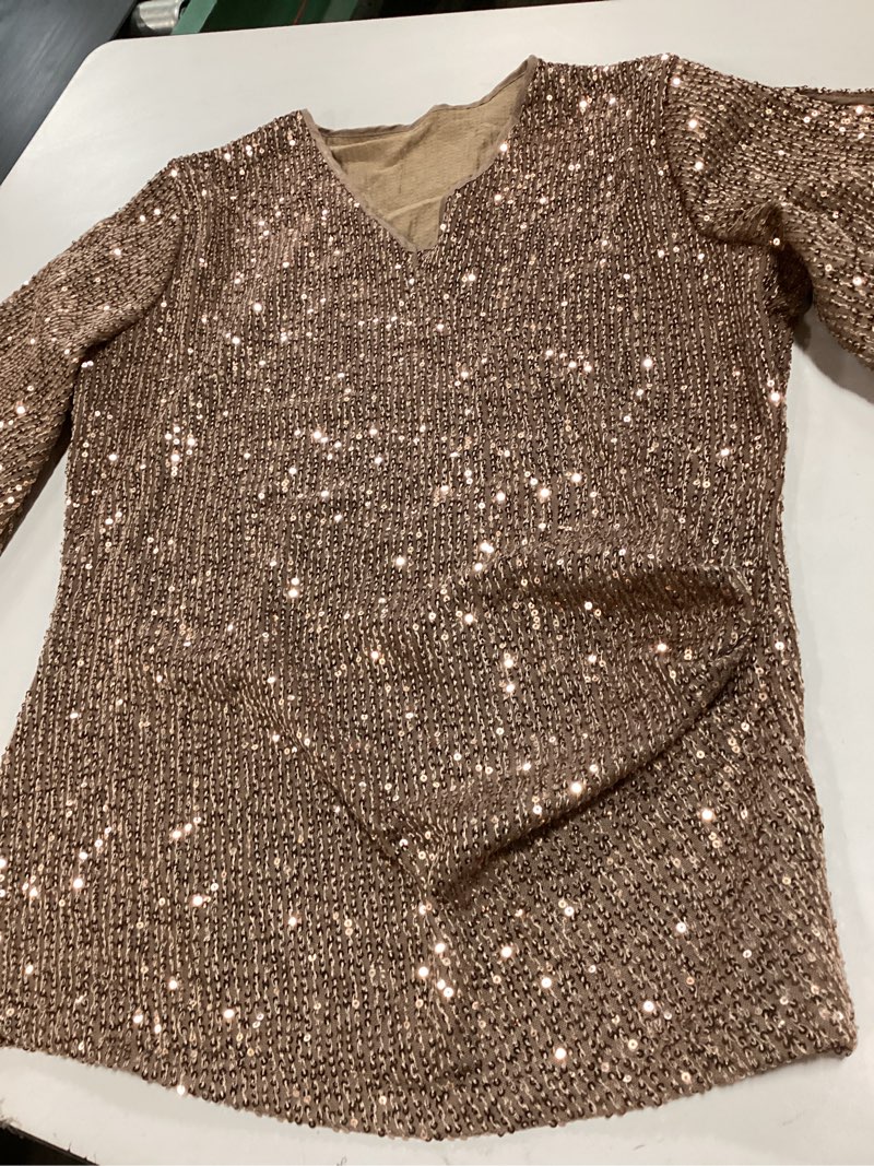 Condition photo showing As Is for Womens Sequin Tops 3/4 Sleeve Sparkly Shirts for Party Night Glitter V-Neck Dressy Blouse Champagne 