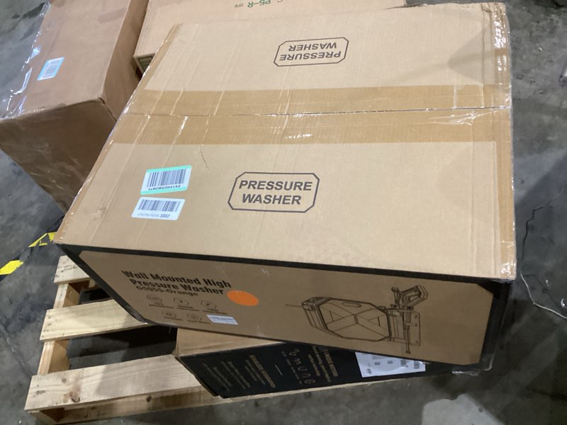 Condition photo showing New/Like New for Wall Mounted Pressure Washer, 5000MAX-PSI Wall Mounted Power Washer with 100 FT Retractable Hose, Remote Control, Foam Cannon, 5 Connect Nozzles for Garage/Patio/Home Cleaning, Orange