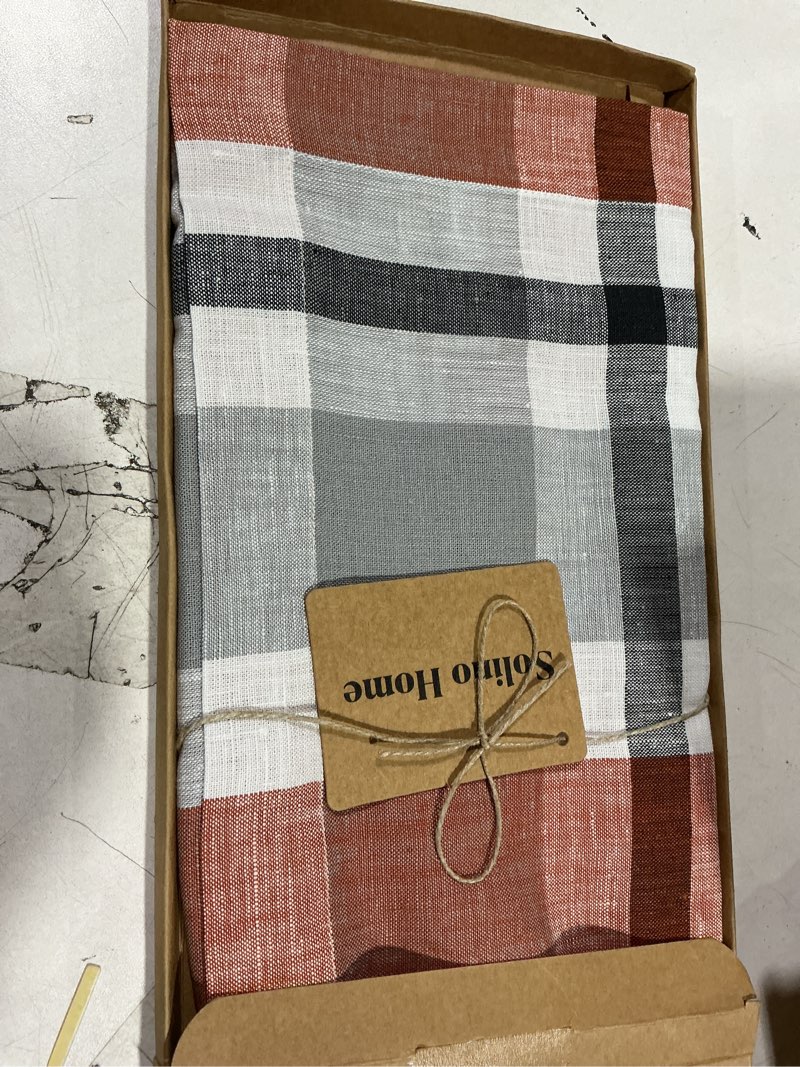 Condition photo showing New/Like New for Solino Home Pure Linen Cinnamon Plaid Table Runner 14 x 36 Inch for Coffee Tabletop, Dresser, and Bedroom – Fall Buffalo Check Fall Buffalo Check 14 x 36 Inch