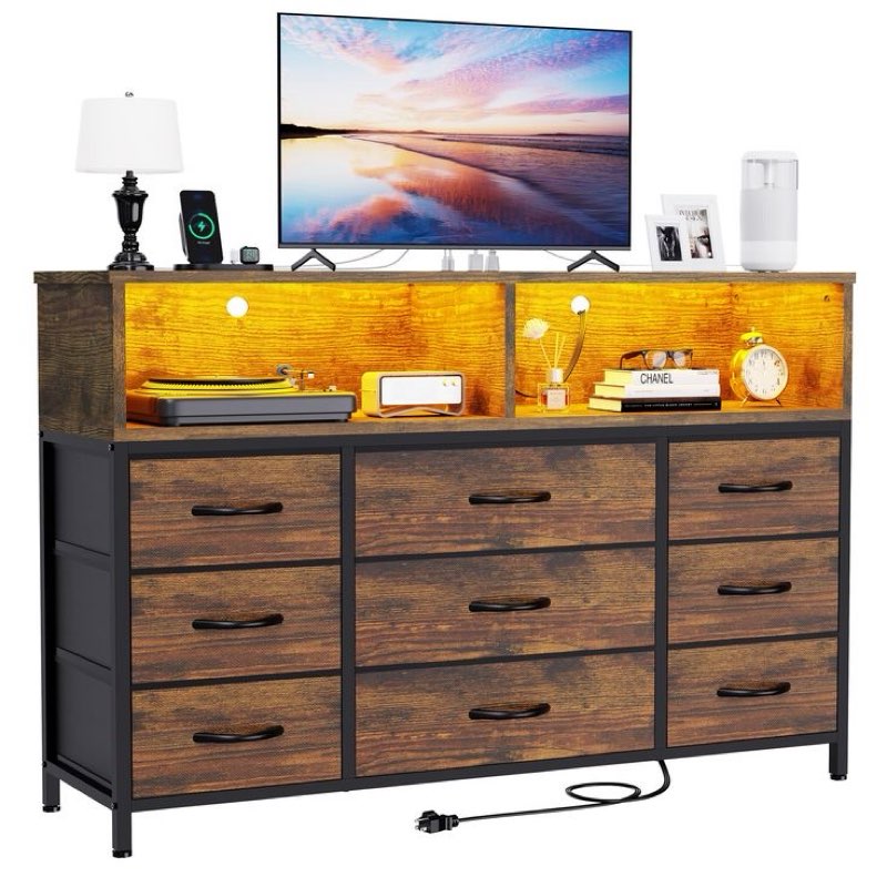 eiskah Dresser for Bedroom, Led Dresser TV Stand with Power Outlets and LED Lights, Long Fabric Dres