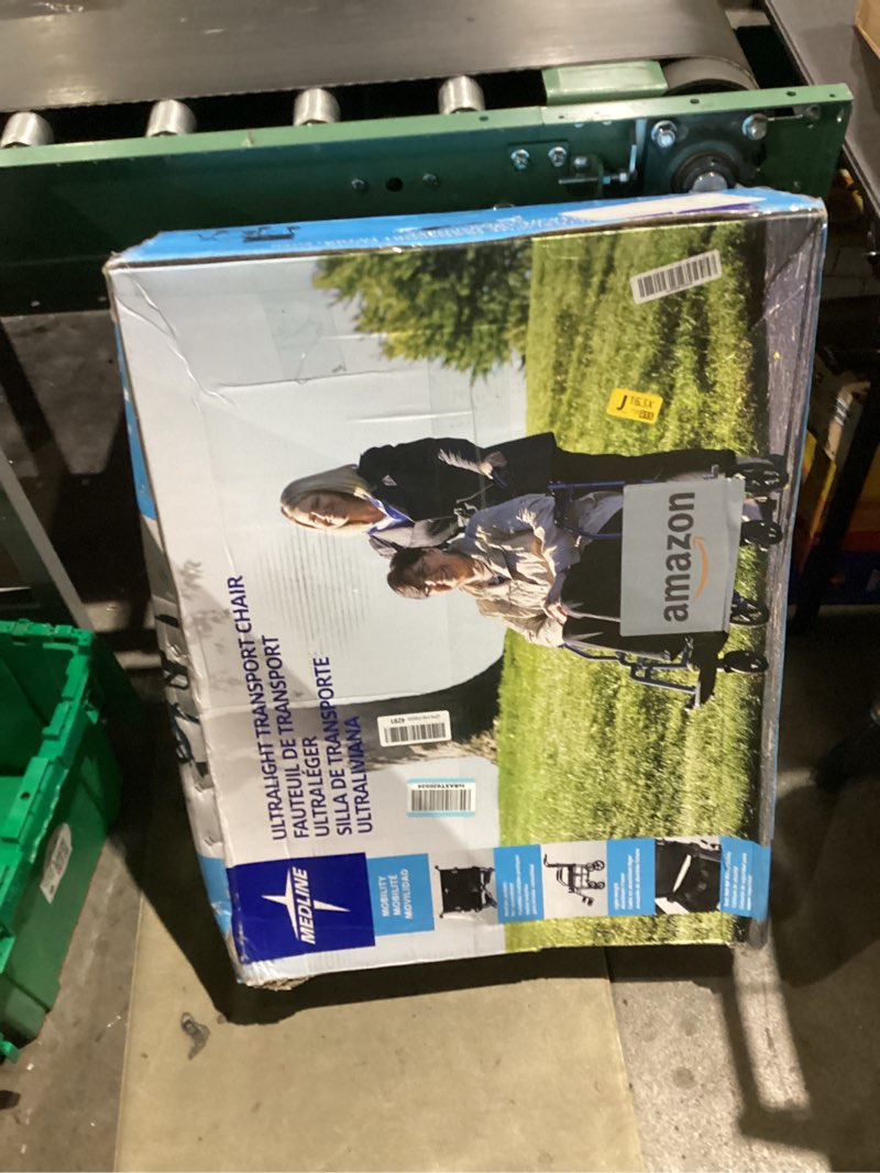 Condition photo showing As Is for Medline Ultra Lightweight Transport Wheelchair for Adults, Foldable, 19-Inch Seat Width, Blue Frame, Black Upholstery Blue Wheelchair