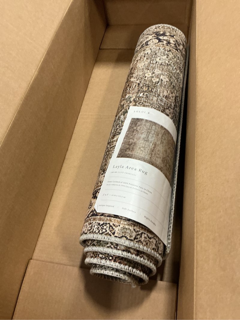 Condition photo showing Good Condition for Loloi Layla Collection LAY-03 Olive/Charcoal 7'-6" x 9'-6" .13" Thick Area Rug, Soft, Durable, Vintage Inspired, Distressed, Low Pile, Non-Shedding, Easy Clean, Printed, Living Room Rug 7'6" x 9'6" (Rectangular) Olive / Charcoal