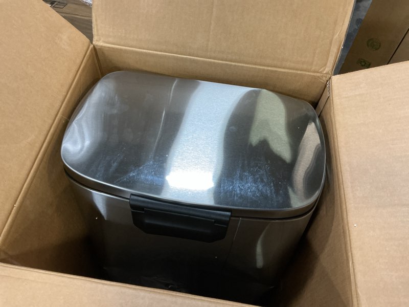 Condition photo showing Good Condition for Amazon Basics Smudge Resistant Rectangular Trash Can With Soft-Close Foot Pedal, Brushed Stainless Steel, 50L/13.2 Gal, 16.7x14.7x25.9 in, Satin Nickel Finish Satin Nickel Big, 50L/13.2 Gal