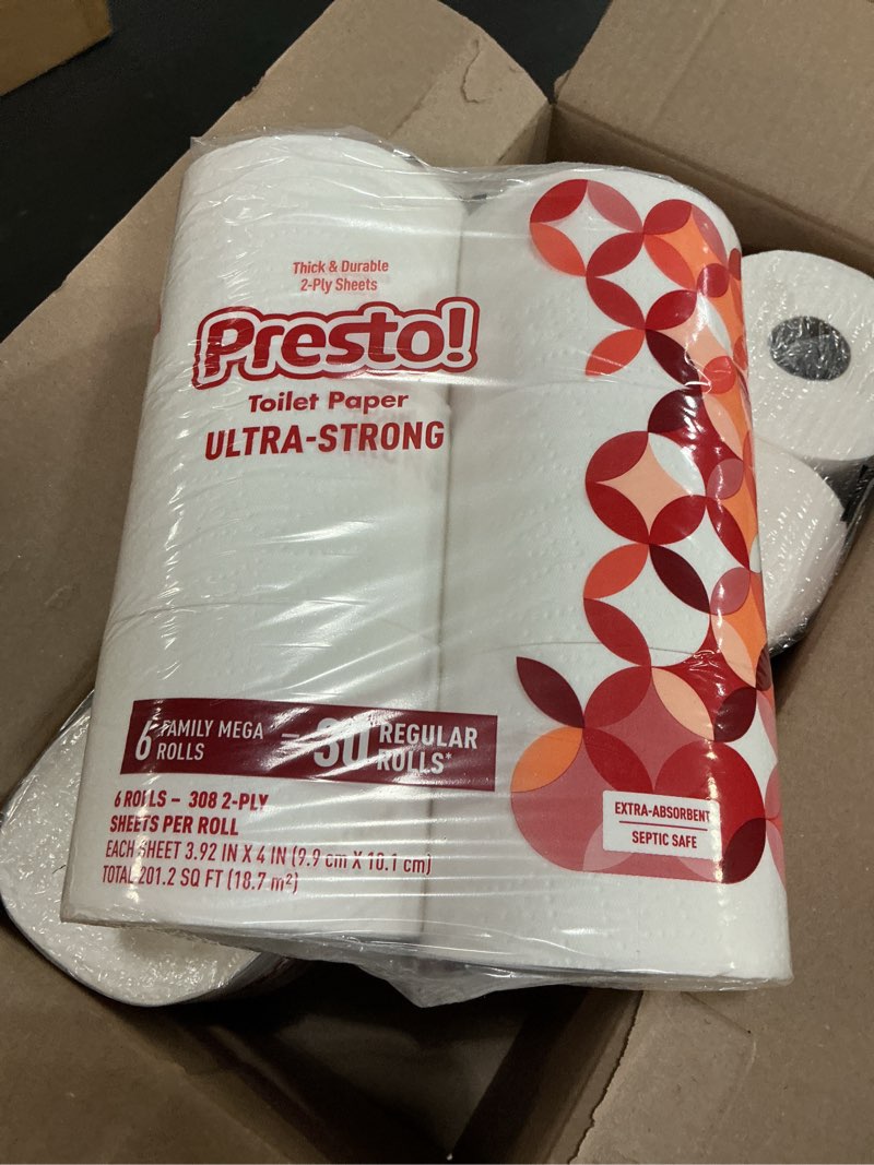 Condition photo showing New/Like New for amazon brand - presto! 2-ply ultra-strong toilet paper, 24 mega rolls toilet paper = 120 regular rolls, 308 sheet (pack of 24), unscented