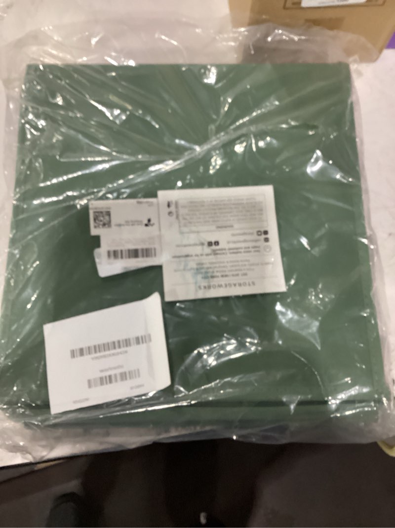 Condition photo showing Good Condition for storageworks 13x13 storage cubes, cube organizer bins, green, 4-pack | reinforced handle & front panel, faux leather front, non-woven fabric, collapsible, space-saving, for closet, bedroom, office green 13 inch